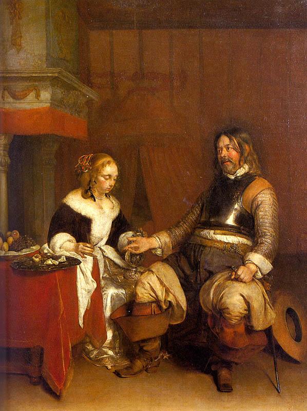 Gerard Ter Borch Soldier Offering a Young Woman Coins